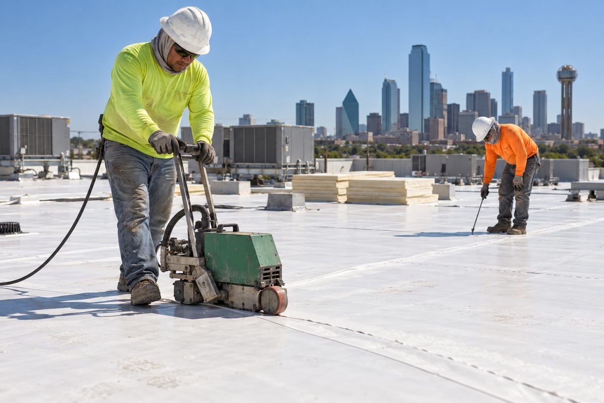 Commercial roofer heat-welding a white TPO membrane seam on a flat Dallas roof