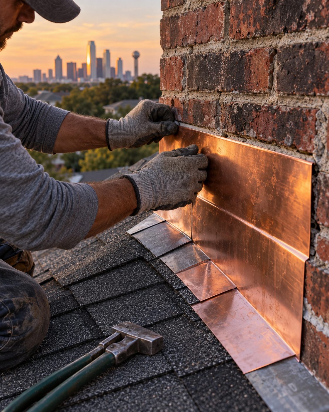 Shop-bent copper counter flashing being set into the mortar joint of a brick chimney
