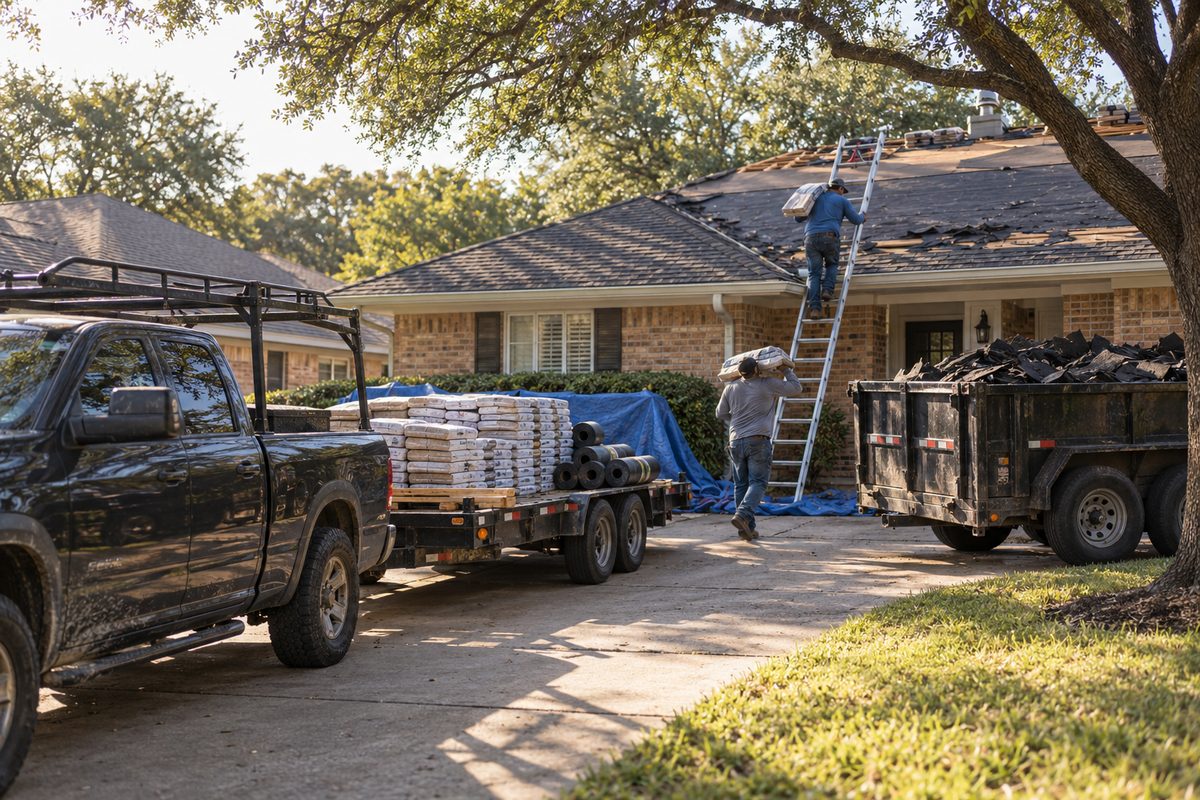 Knox Roofing truck and trailer loaded with shingle bundles in a Dallas driveway as the crew carries material up the ladder