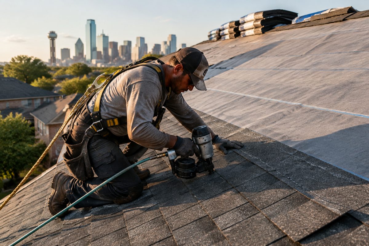 Knox Roofing crew member nailing architectural shingles on a steep roof in Dallas