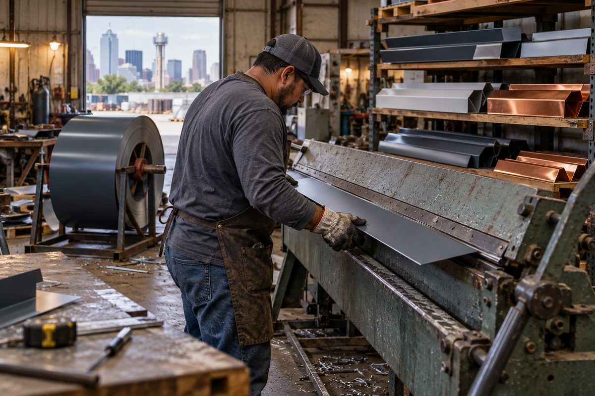Fabricator bending painted steel flashing on the brake in the Knox Roofing sheet metal shop