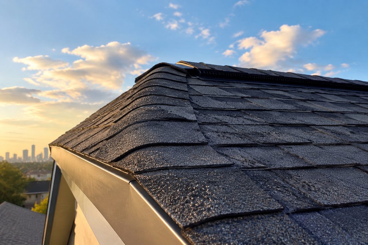 Finished architectural shingle ridge with ridge vent and painted drip edge on a Dallas home