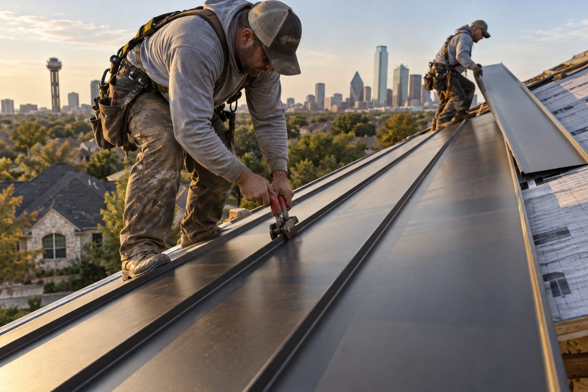Roofers locking the seams of full-length dark bronze standing seam metal panels