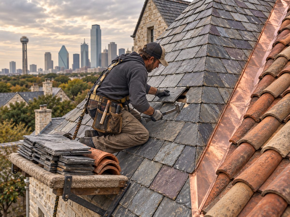 Roofer replacing broken natural slates beside a copper valley and clay barrel tile